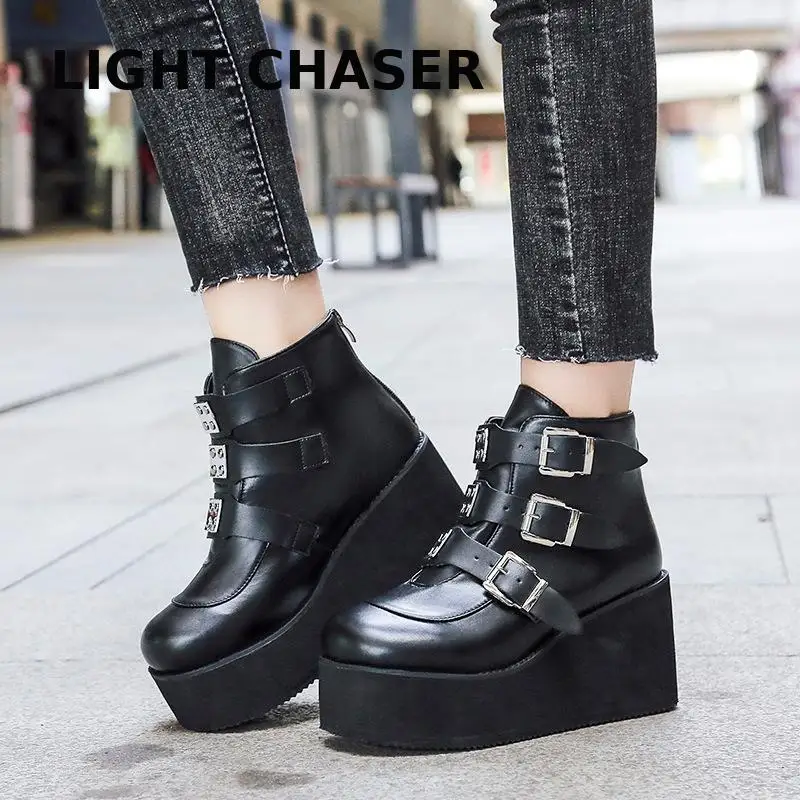 New Botas Women Motorcycle Ankle Boots Wedges Female Lace Up Platforms Spring Black Leather Oxford Shoes Women Botas Mujer 43