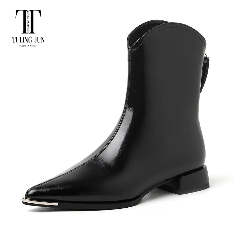 TULING JUN зима 2023 женские элегантные однотонные ботильоны с острым носком на низком