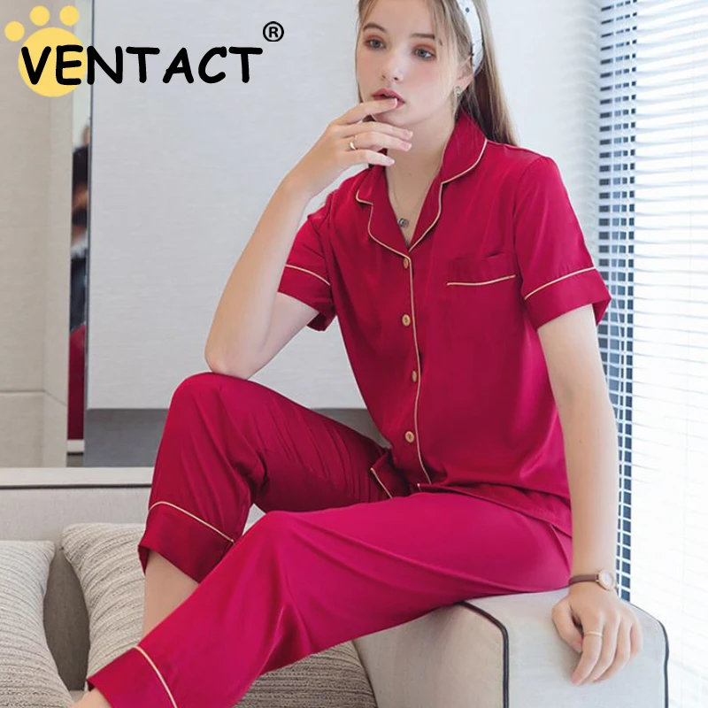 

VENTACT Ice Silk Pajamas Women'S Summer Thin Short-Sleeved Trousers Lapel Sleepwear Suit Lady Loose Casual Home Nightwear