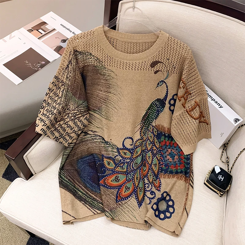 

New elegant Soft Knit Sweater Summer T shirts Fashion diamonds pullovers hollow out shirts Basic Tops Casual loose Soft Tees