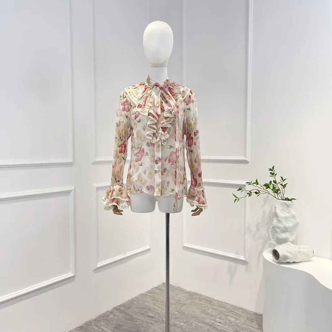 

Silk Top Quality New Arrival 2023 Spring Summer Sweet Natural Fabric Pink Floral Printing Button Long Sleeve Blouse for Women