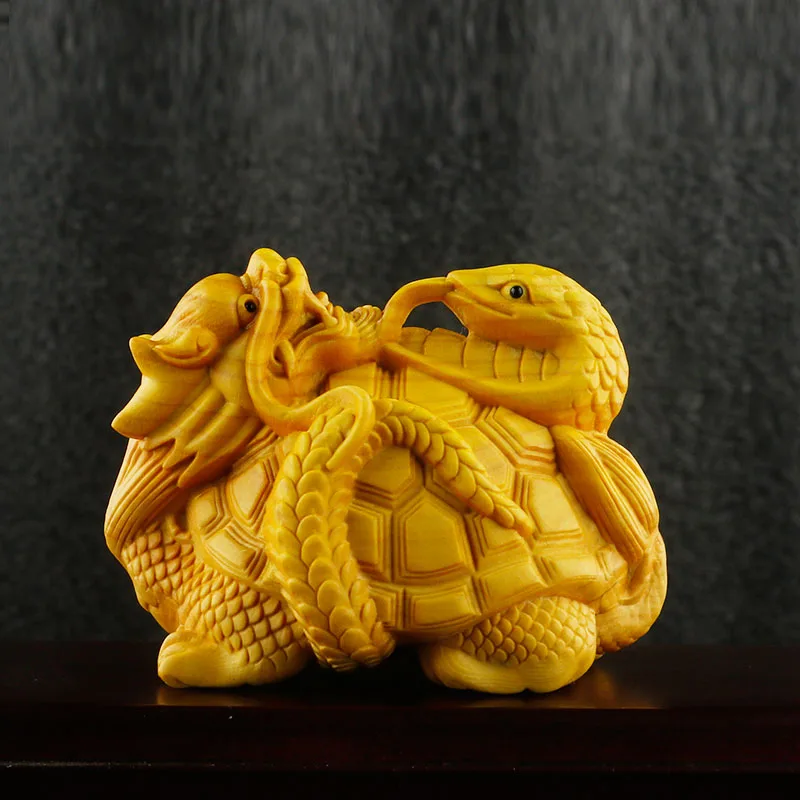 

XS667-8.5 CM Boxwood Dragon Turtle and Snake Sculpture Mythical Beast Wood Statue Car Decoration Craft Gift Ornaments