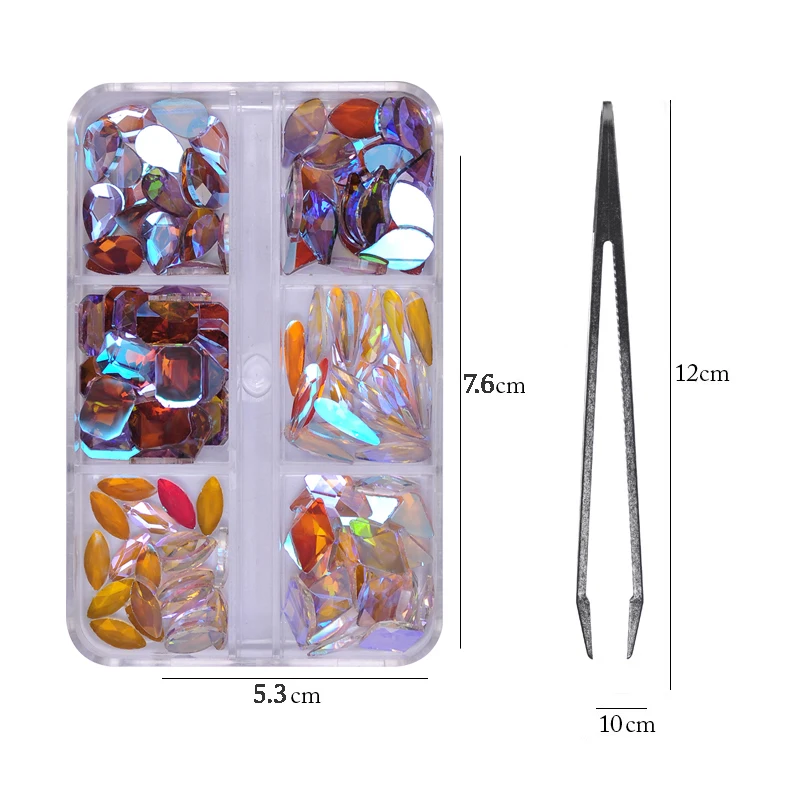 

6Girds Box With Tool 120pcs Multi Size Colorful Non Hotfix Rhinestones Flatback Gems 3D Glitter Nail Art Luxurious Decoration