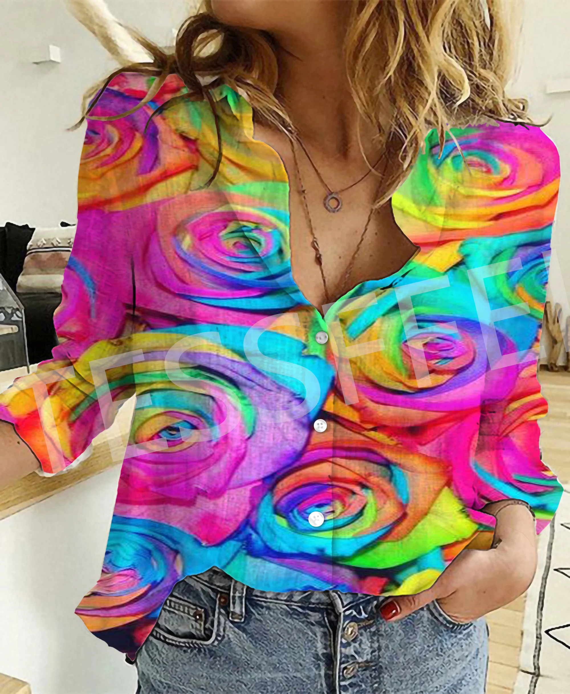 Женская Повседневная рубашка с длинным рукавом разноцветная ретро-рубашка