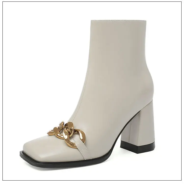 2022 New Mid Heel Square Toe Booties Women's Spring and Autumn White Soft Leather Metal Buckle Decoration Skinny Boots