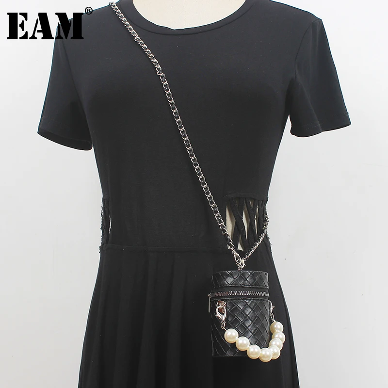 [EAM]  Pu Leather Black Pearl Mini-bag Long Belt Personality Women New Fashion Tide All-match Spring Autumn 2023 1DF1330