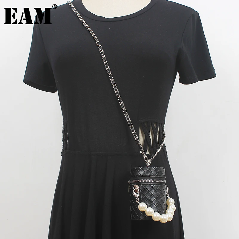 

[EAM] Pu Leather Black Pearl Mini-bag Long Belt Personality Women New Fashion Tide All-match Spring Autumn 2023 1DF1330