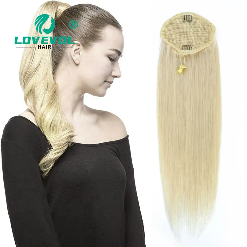 Lovevol 18-28 Inch 140g Drawstring Ponytail Human Hair Extensions Blonde Straight Remy Hair Clip In Pony Tail for European Women