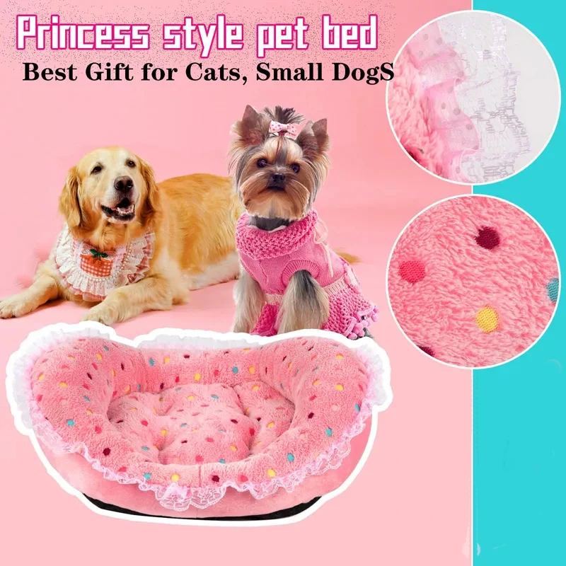 

Cute Princess Style Cat Dog Bed Lace Pink Girl Polka Dots Pet Bed Soft Warm Fleece Kitten Puppy Nest Anti-slip Sofa