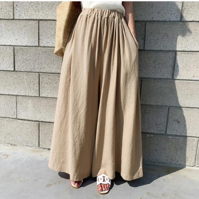 

Spring Summer Wide Leg Pants for Women Cotton Linen Loose Solid Color Trousers for Female Vintage Elastic Waist Women's Pants