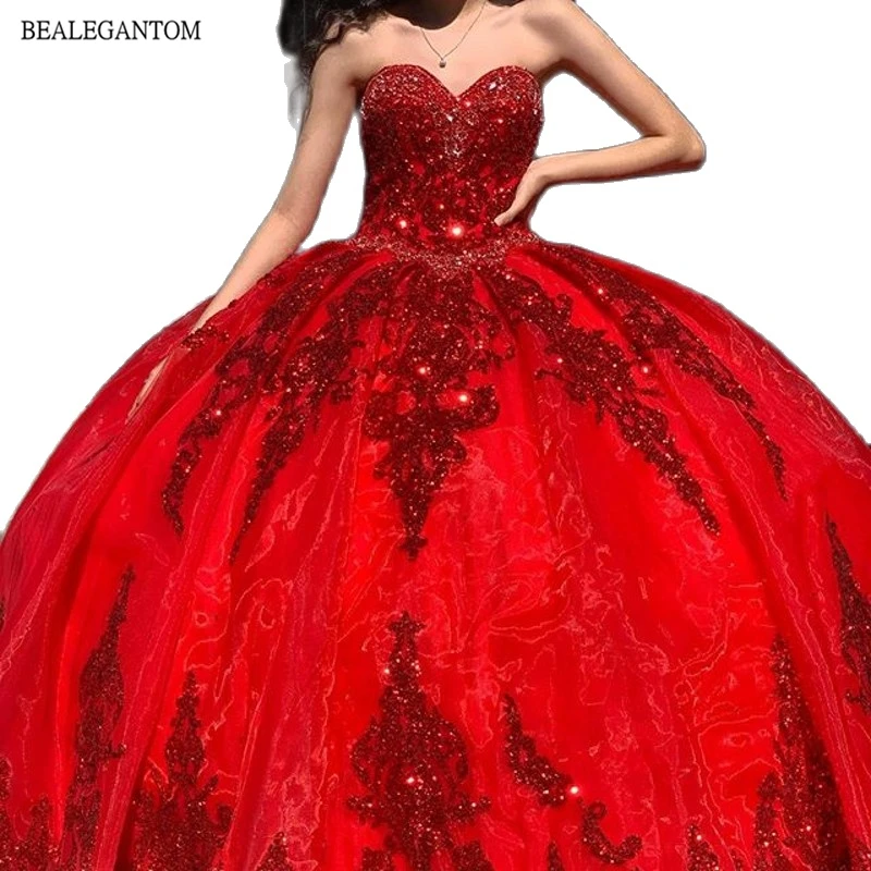 

Bealegantom Real Photos Red Quinceanera Dresses Ball Gown Lace Applique Beaded Sweet 16 Debutante Girl Birthday Prom Party Wear