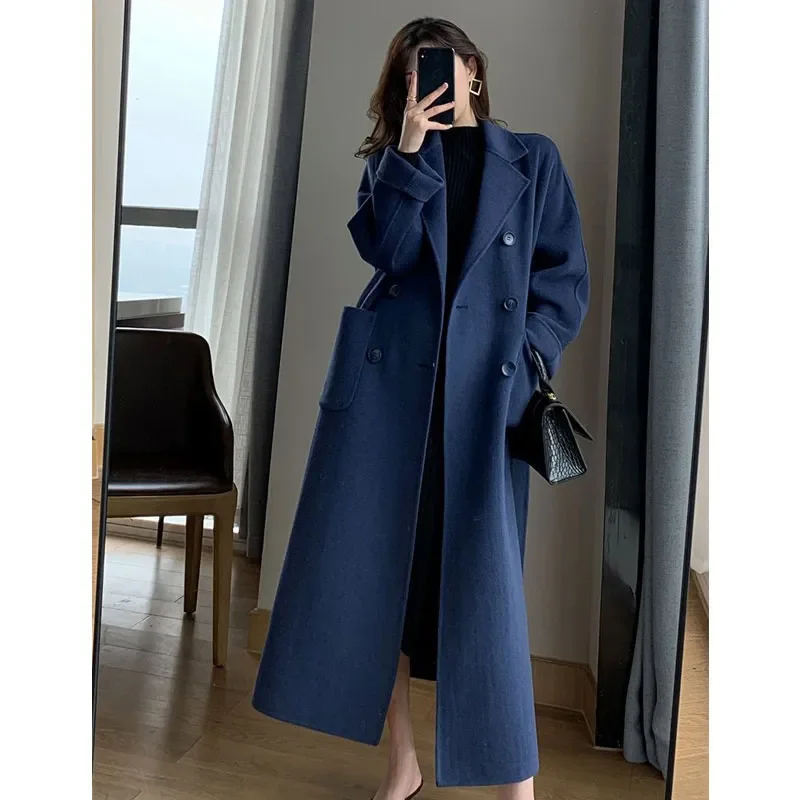 

Зимнее женское элегантное модное корейское повседневное шерстяное пальто, темно-синяя длинная куртка на шнуровке, Черное Женское пальто с блузой