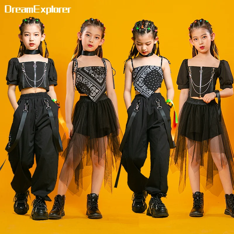 Hip Hop Girls Crop Top Cargo Pants Kids Street Dance Camisole Tank Top Tassels Skirt Goth Clothes Sets Child Streetwear Costumes