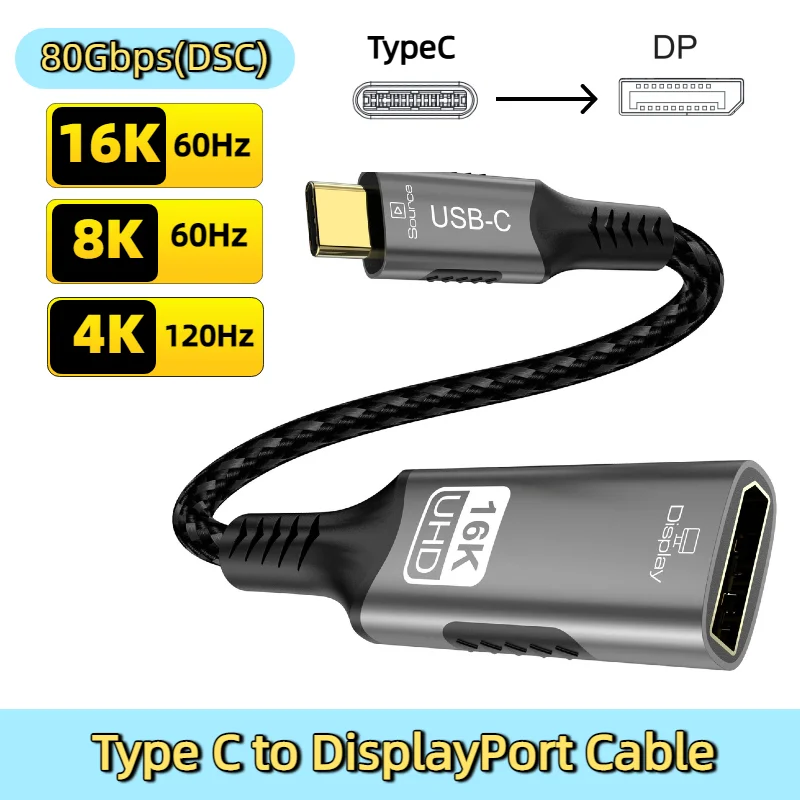 Фото Кабель 16K Type C — DisplayPort Переходник USB C «папа» — «мама» DP 80 Гбит/с (DSC) DP 2.1 для игрового монитора, ноутбука, ПК, ТВ №1