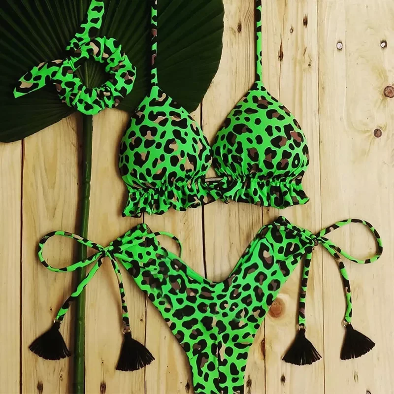 

Sexy Print Swimwear Lace Up Feminine Bikinis 2022 High Cut Bathing Suit Ruffle Push Up Swimsuit Triangle Halter Bikini Set Beach