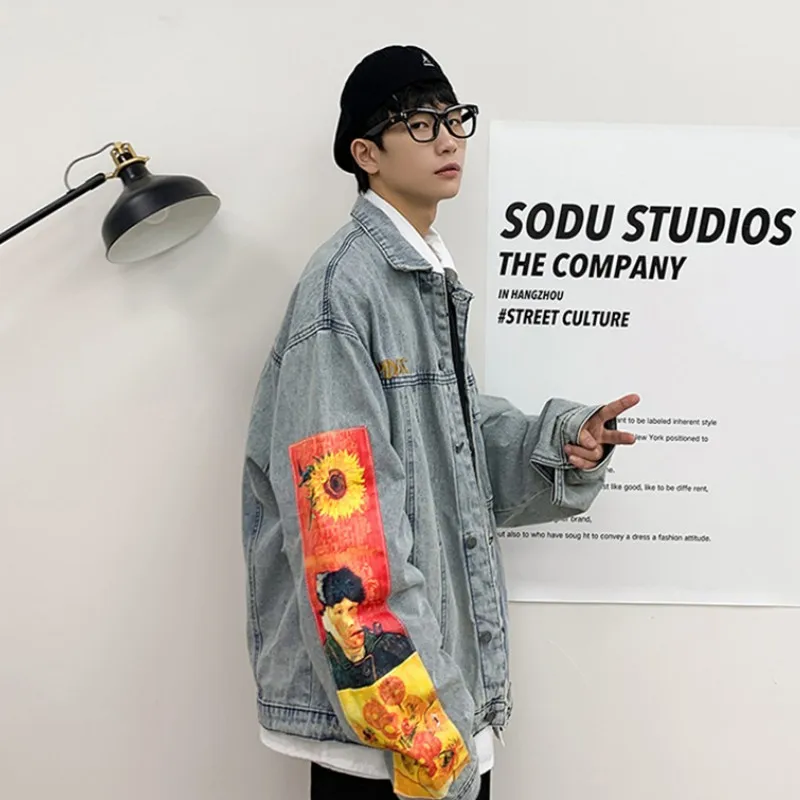 Мужская джинсовая куртка с нашивкой Ван Гога однобортная Повседневная вышивкой