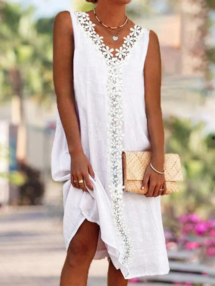 

Solid Lace Sleeveless Straight Tank Dress Summer Casual Temperament Vacation Midi Dress Sexy V-Neck Stitching Women Party Dress