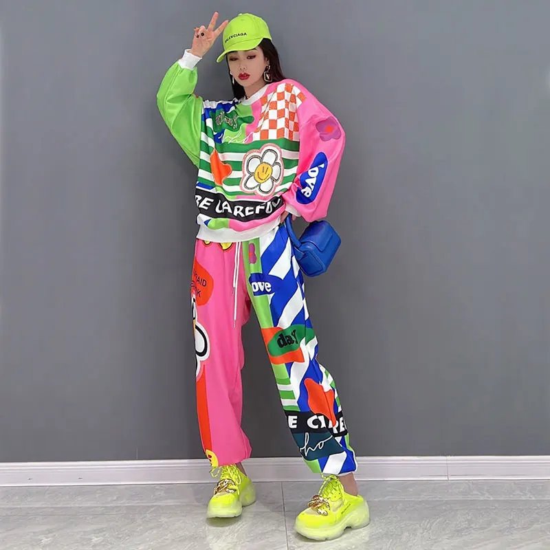 Spring and Autumn Catton Colorful Tracksuit Women Two Piece Sets,Loose Sweatshirt and Elastic Pants