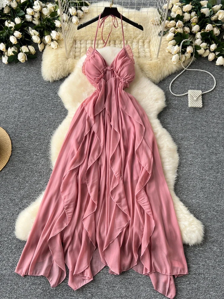 Летнее однотонное милое длинное платье для отпуска женское дизайнерское на