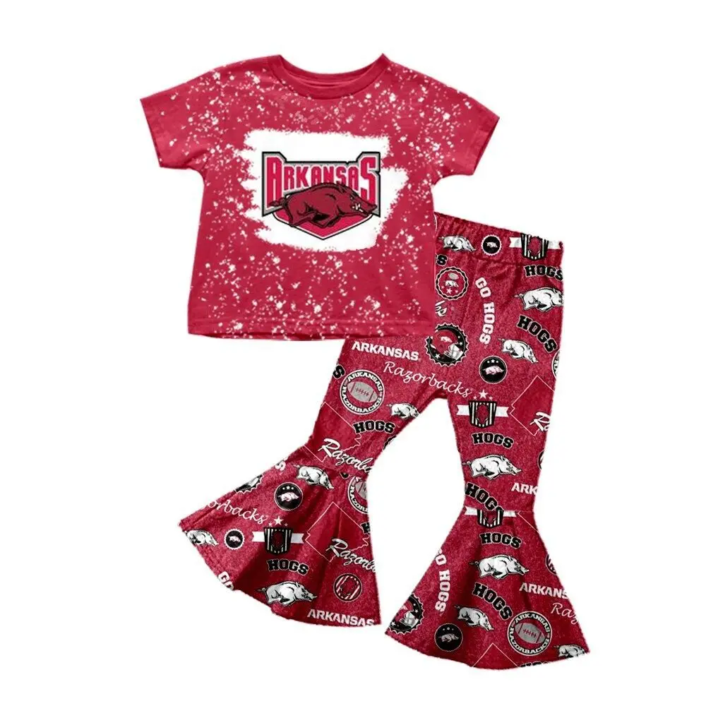 American Style Baby Girls Clothing Sets Sports Team Hogs Printing T-shirts Flare Bell Bottom Pants Kids Outfits New Designer