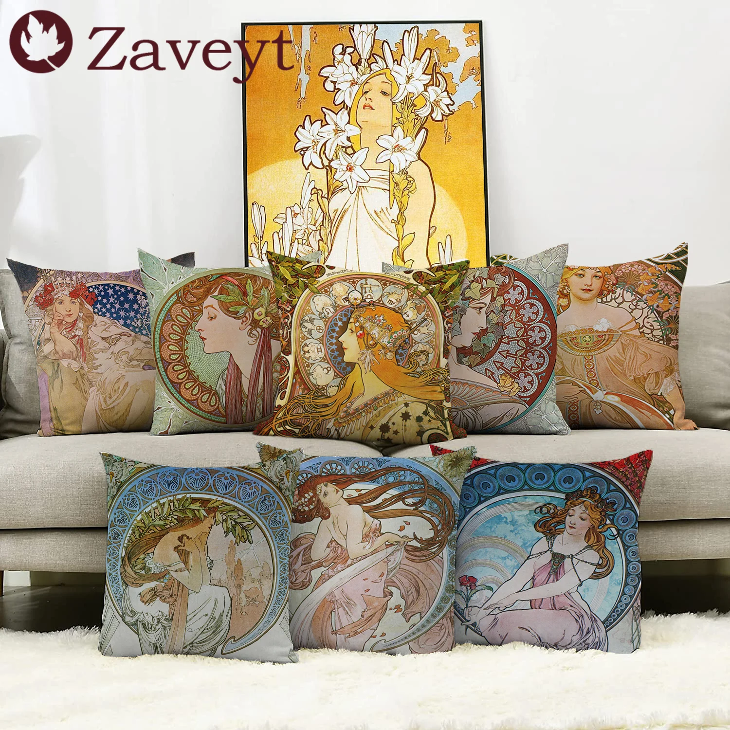 

Art Nouveau Mucha Cushion Cover Vintage Romantic Goddess Pillowcase Throw Pillow Home Decor Liviring Room Sofa Decoration 45x45