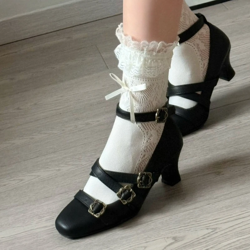Фото Женские туфли Мэри Джейн в стиле Sweet Lolita с перекрестными ремешками и металлическими пряжками, модные туфли с несколькими пряжками, ретро-туфли для свадьбы и вечеринок, женские туфли-лодочки №2