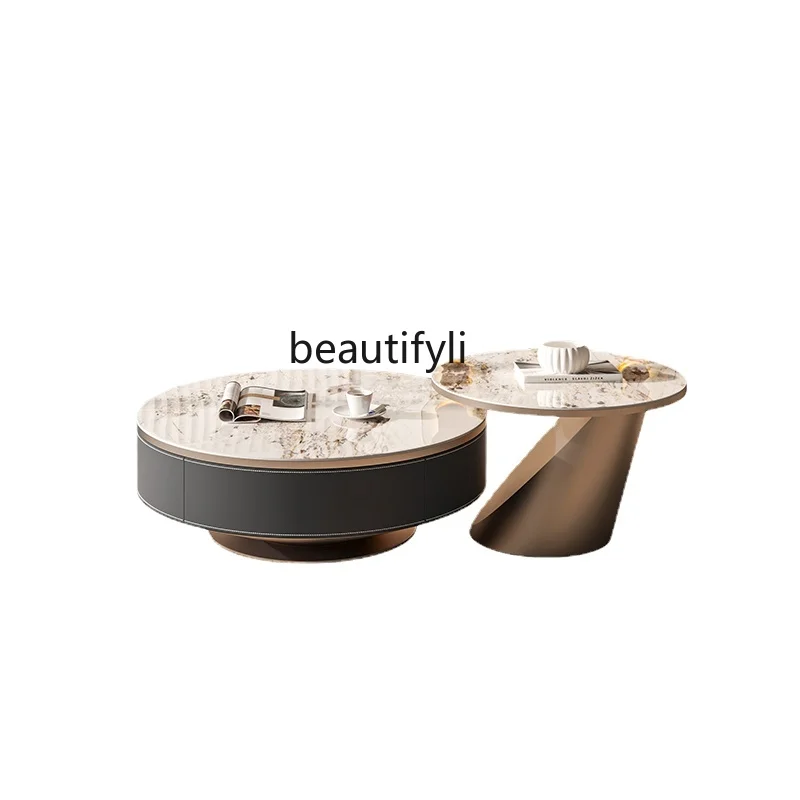 

zq Italian Light Luxury Stone Plate Size round Tea Table TV Cabinet Unit Living Room Simple Modern