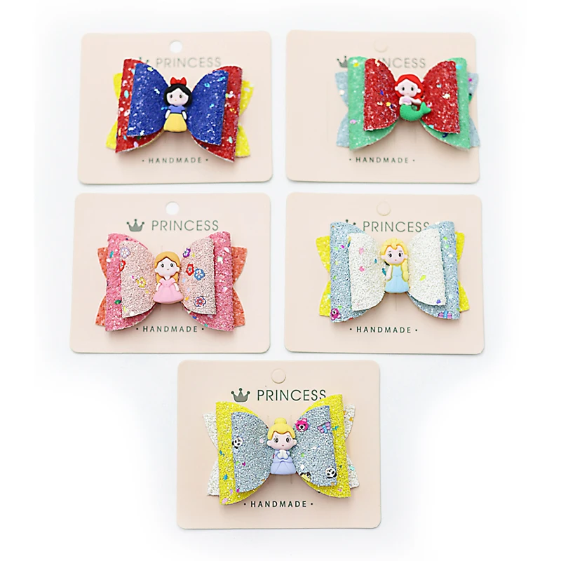 

2PCS 3.1in Boutique Cartoon Girl Princess Mermaid Portrait With Rhinestone Bows Hairgrip Cute Hair Clips Headwear Hairpins