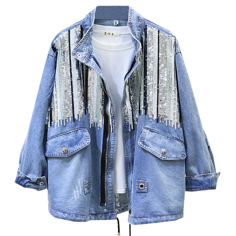 

2020 New Sequins Denim Jacket Women Bomber Jacket Fashion Long Sleeves Coats Vintage Hippie Jeans Jacket Colete Feminino P358