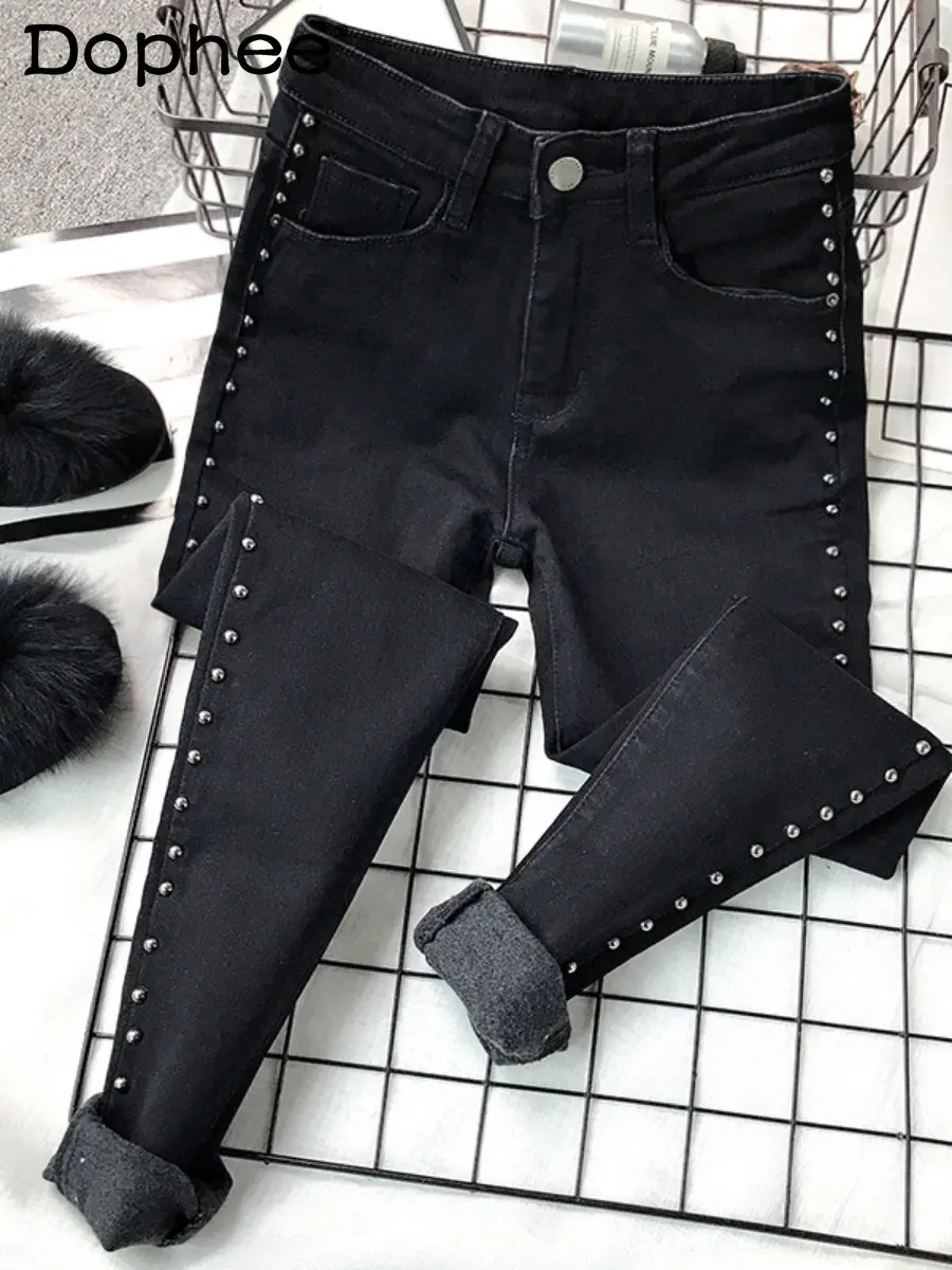 

Streetwear Side Rivet Black Lining Thin Velvet Jeans for Women 2022 New Autumn Winter High Waist Slimming Skinny Denim Pants