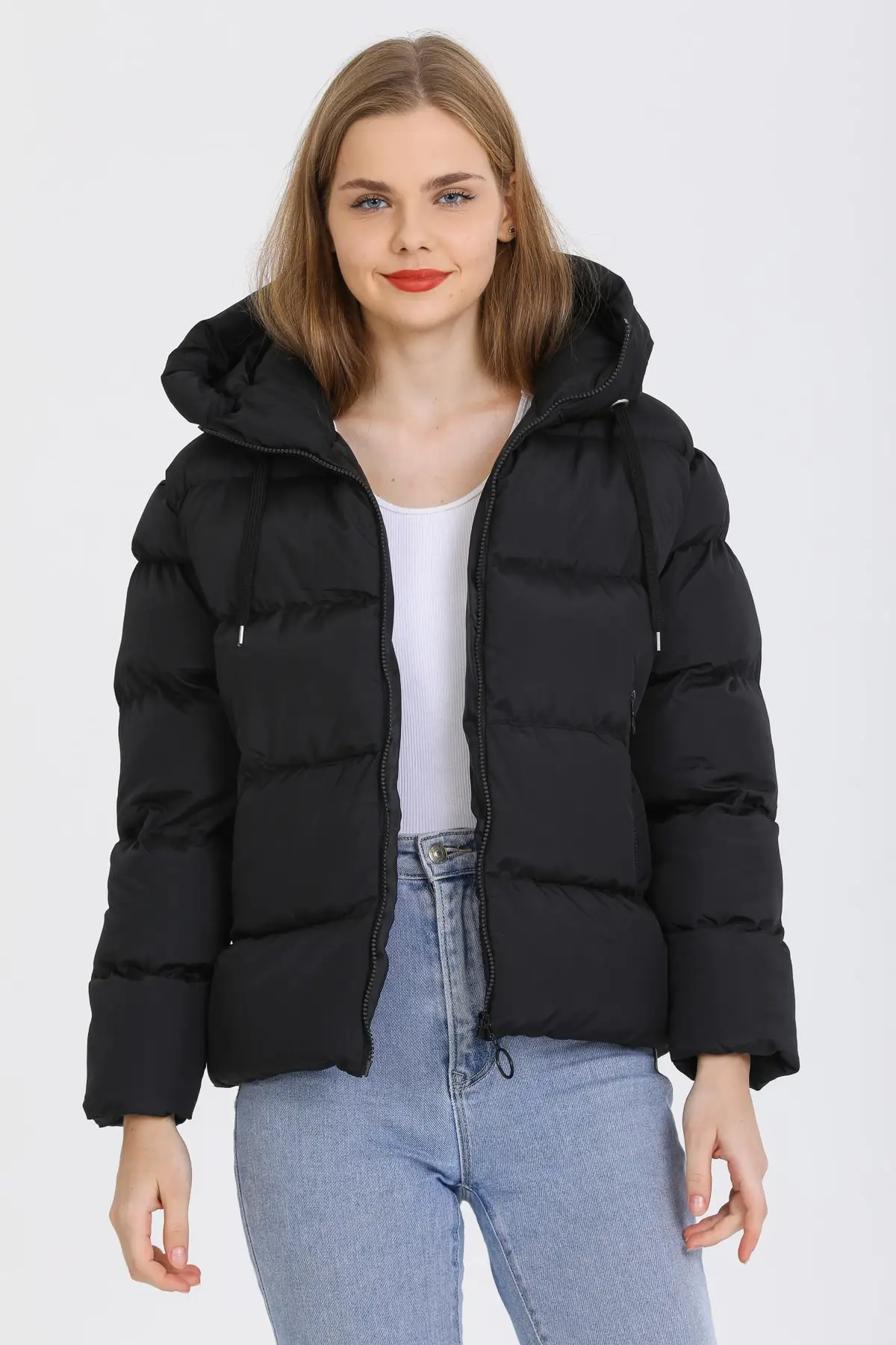 

Women's Black Hooded Inflatable Coat Personalized Design