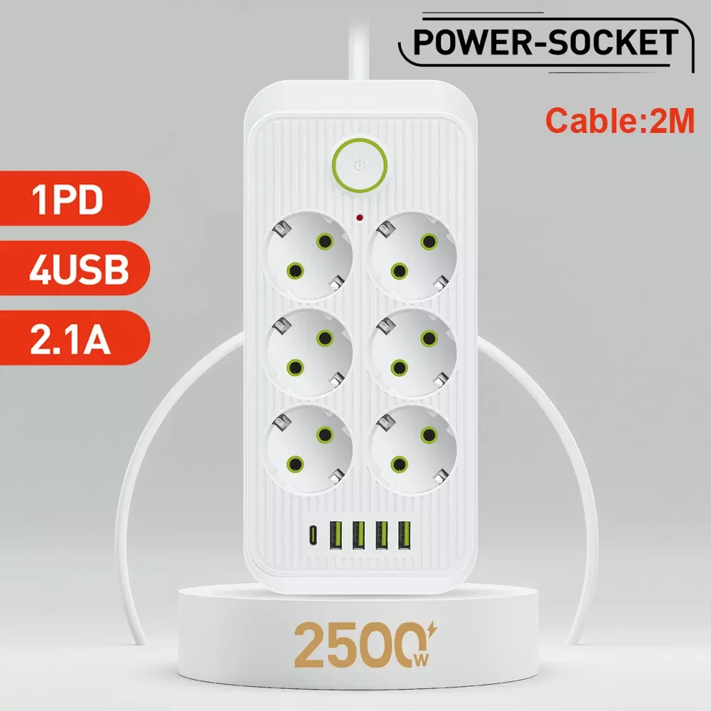 

EU Plug Outlet Power Strip With Extension Cord USB Type C PD Ports Electrical Sockets Multiprise Smart Home Round Pin AC Adapter