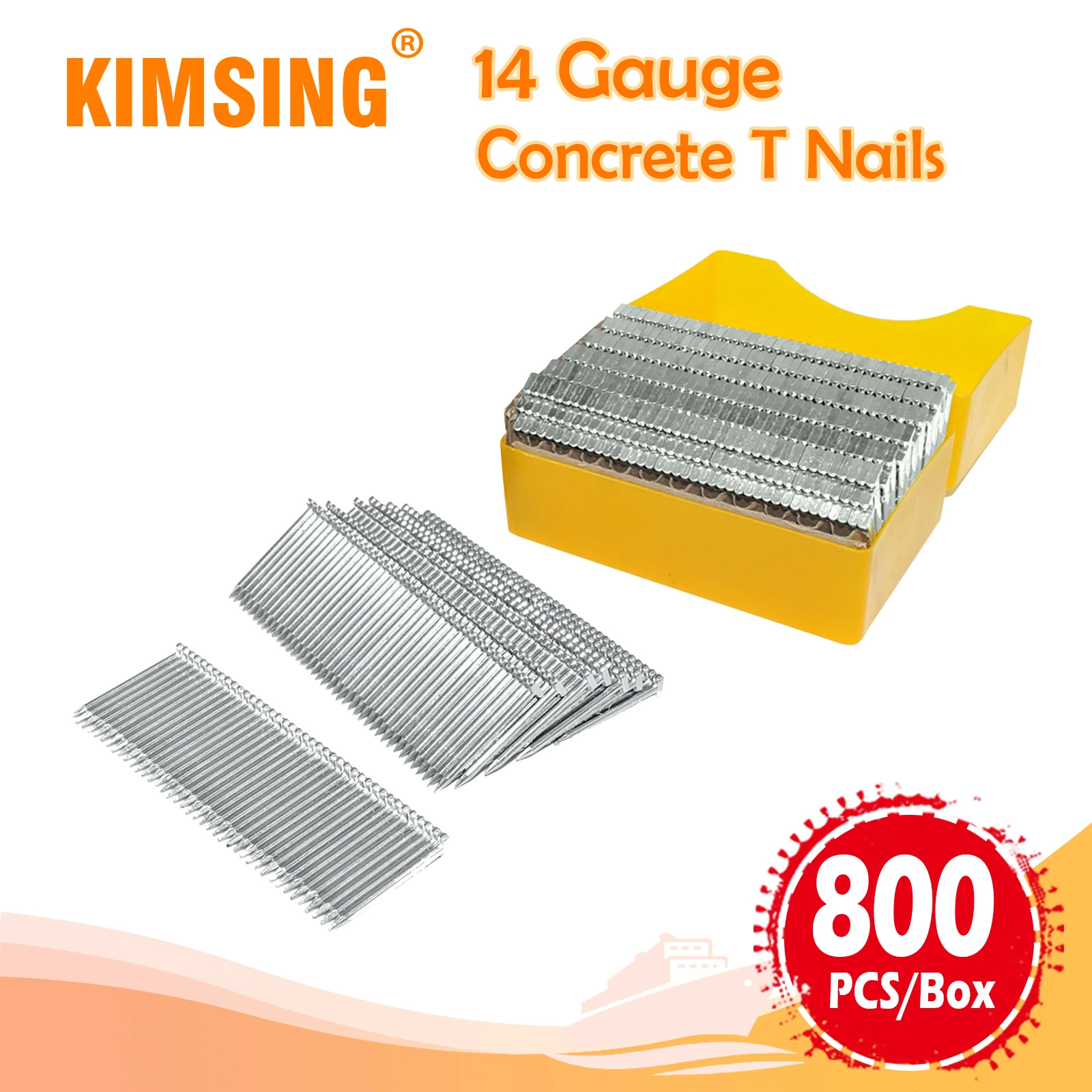 KIMSING 14 Gauge 18-64mm Concrete T Nails for Concrete Nailer, Carbon Steel Material, 800 PCS/Box, for Hardwood Nailing