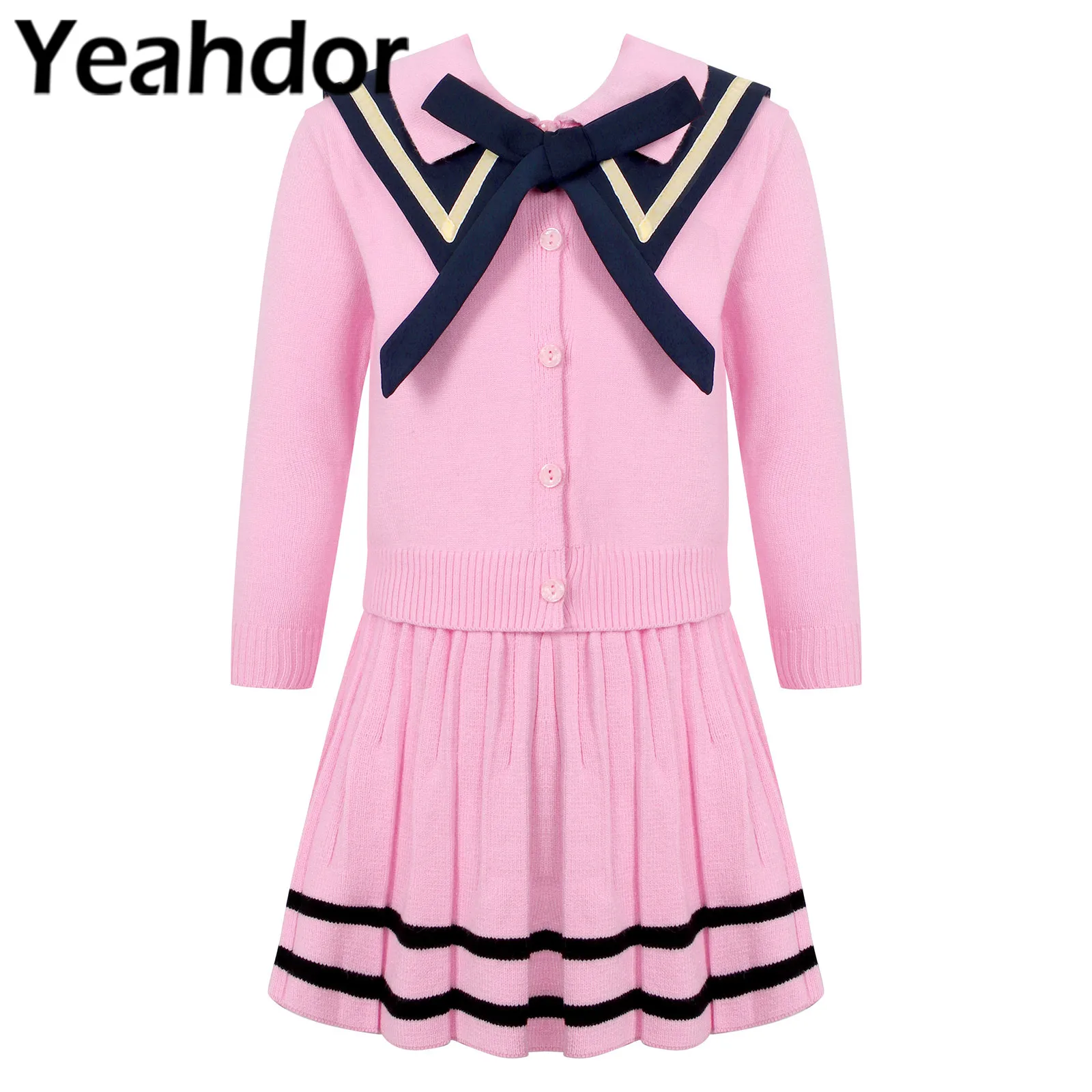 

Kids Girls Stylish Knit Outfit Set Button Down Top with High Waist Pleated Skirt Spring Children's Party Suit Girls Dresses