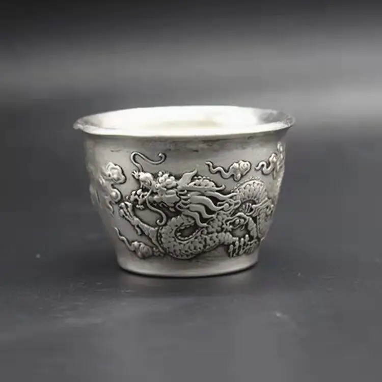 

collect China Tibetan silver Dragons DragonLoong statue Tea Bowl Wineglass cup