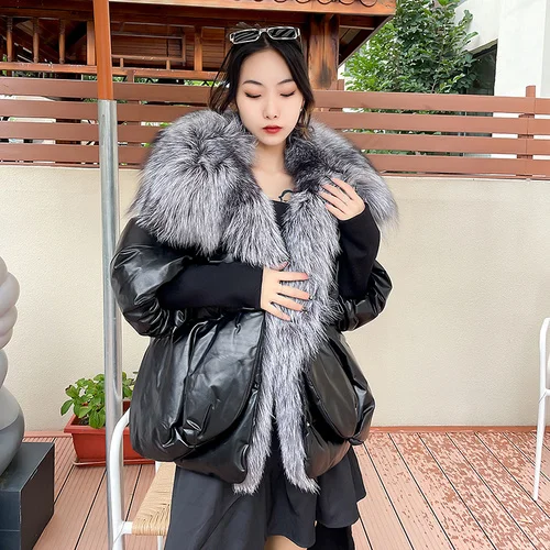 

Luxury brand Real Leather Coat Sheepskin Women Puffer Fox Fur Collar Warm Down Jackets Coats Jaqueta Feminina SG