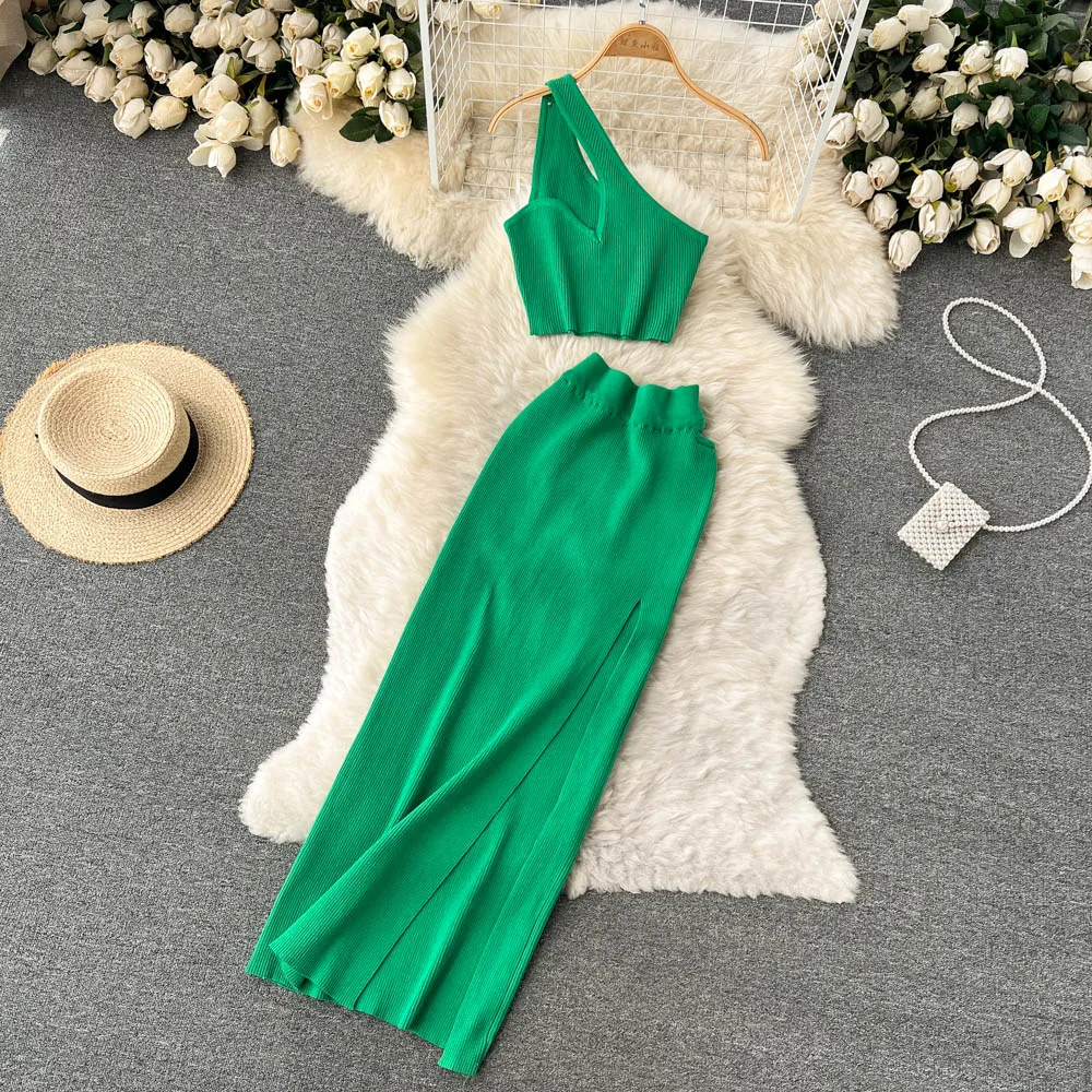 

Hepburn Style Sexy Knitting Suit Suspender Top Women's High Waist Slit Skirt Two-Piece Korean Style Prom Evening Vintage Dress