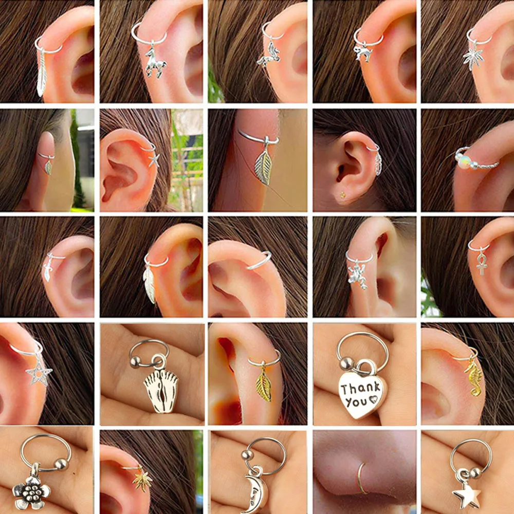 

1pcs Retro Pendant Nose Ring Round Earrings Ear Bone Nails Body Piercing Women's Jewelry Love Sun Star Stainless Steel Piercing