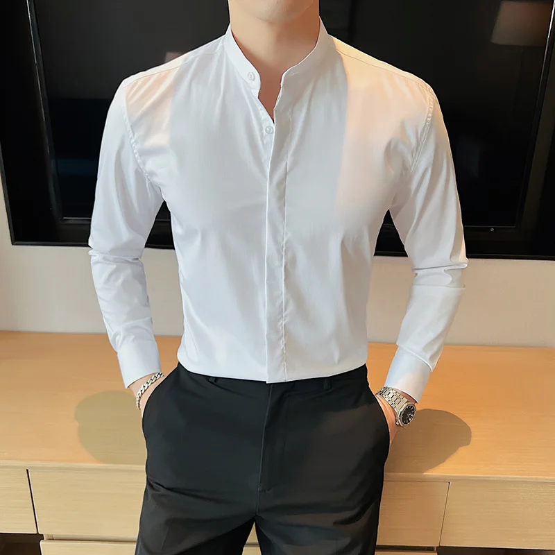 High Quality Stand Collar Men Shirts Autumn Long Sleeve Casual Slim Business Dress Shirt Social Office Streetwear Blouse 2022