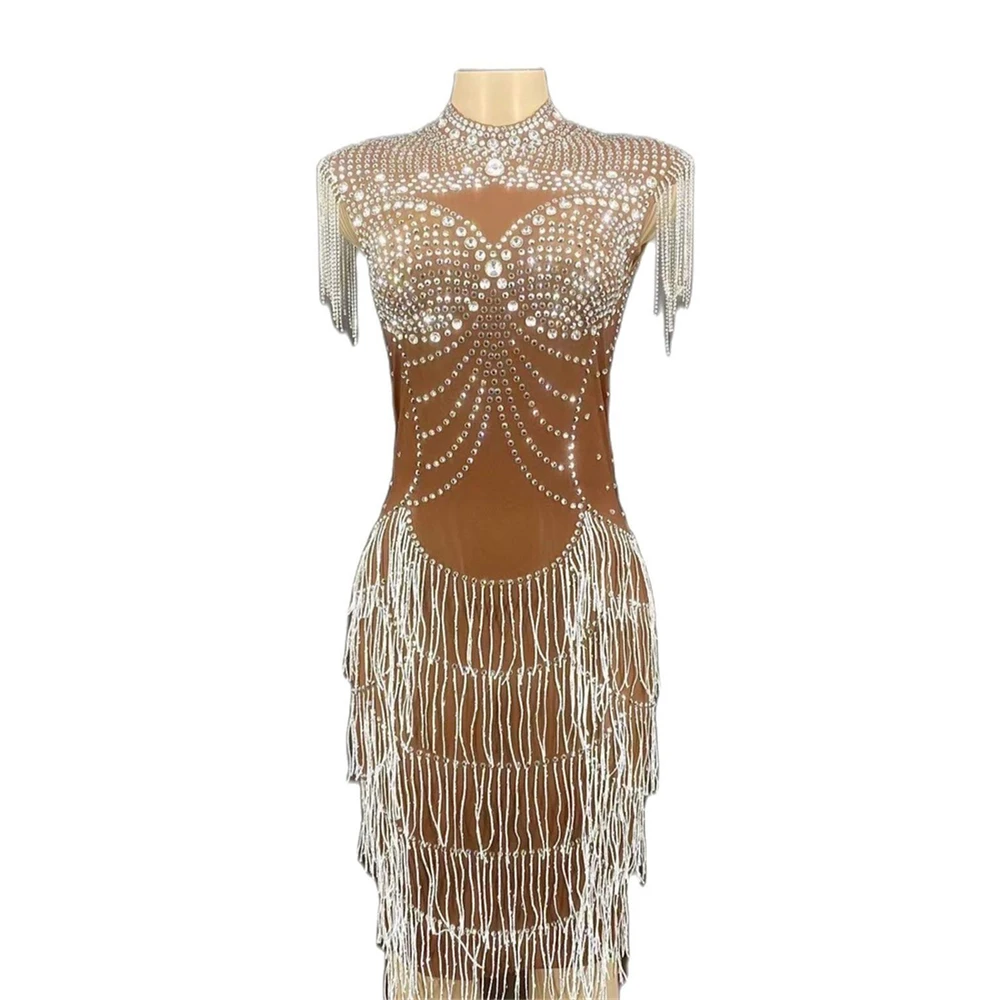

Brown Shining Crystal Rhinestones Tassel Sleeveless Sexy Women Sheath Dress Evening Nightclub Party Cloth Stage Singer Costume