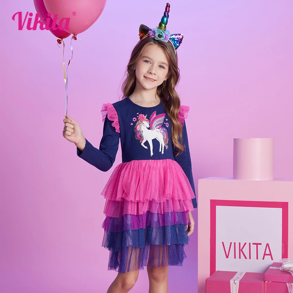 

VIKITA Girls Licorne Cartoon Print Dress Girls Flare Sleeve Birthday Party Performance Mesh Layered Tulle Cake Tutu Dresses