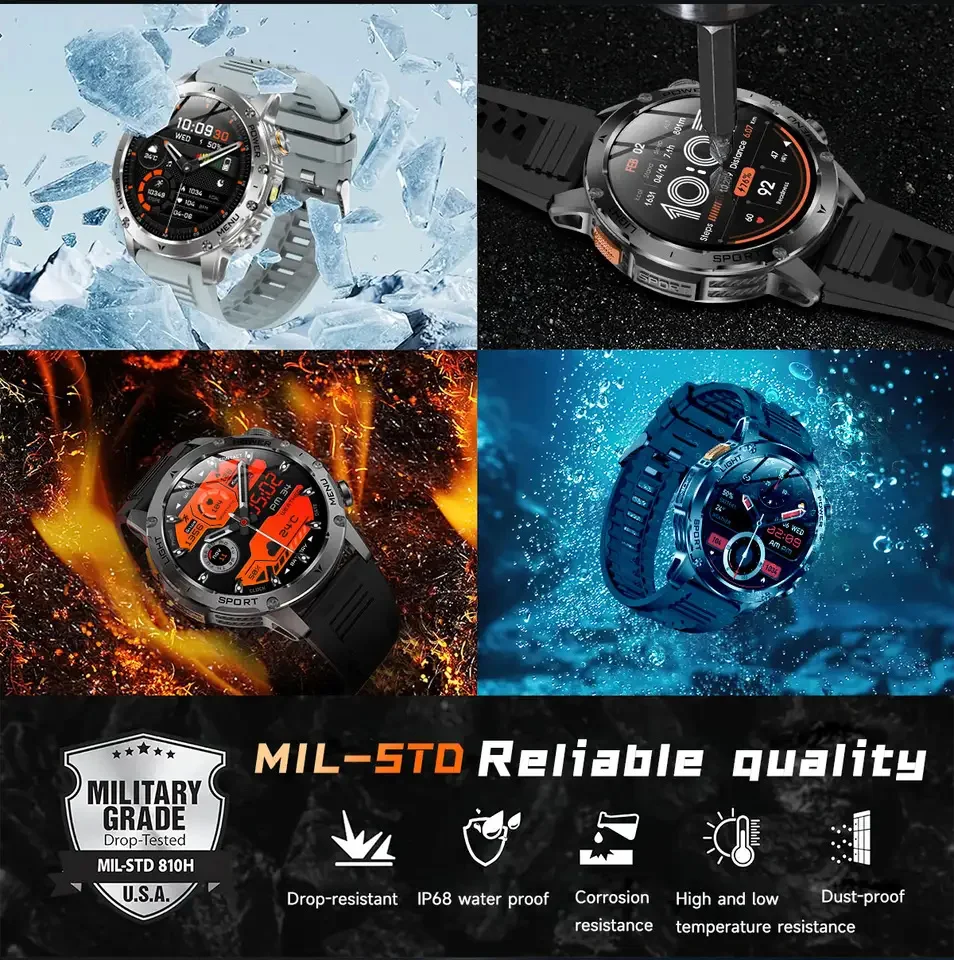 Фото 2025Новые военные T-Rex3 Ultra GPS SmartWatch GPS Сильный фонарик Компас Барометр 5ATM Водонепроницаемый 1000 мАч Спортивный браслет для мужчин №3