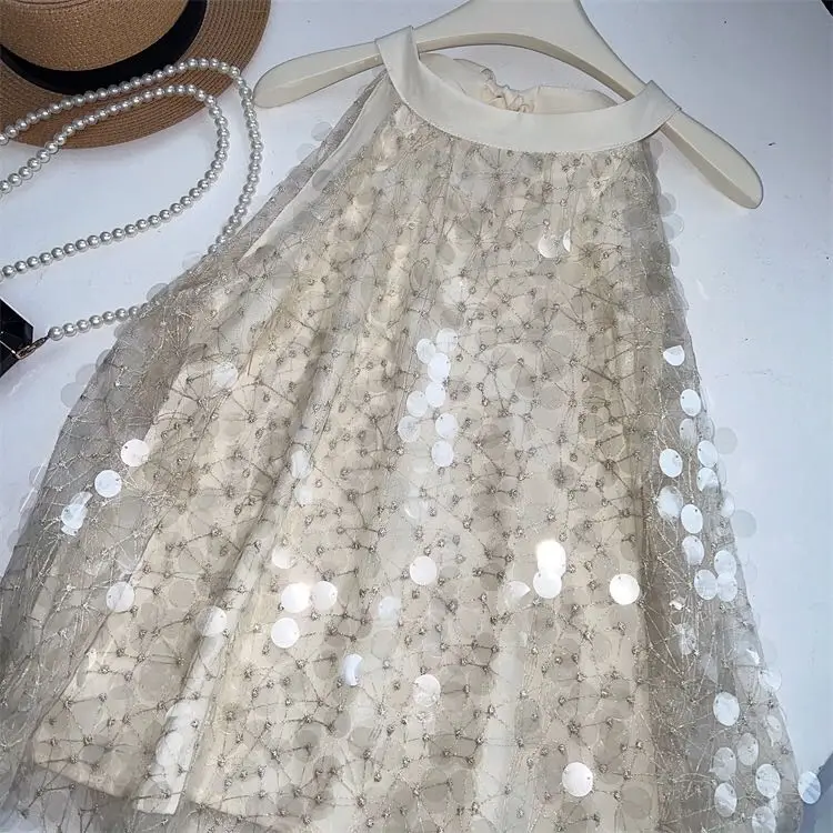

Sparkling Sequins Mesh Sleeveless Crew Neck Lace-up Sequined Tops Women's 2023 Summer New Fashion Halter Shirt Blouse