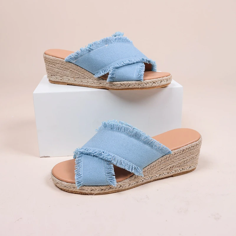 

Women's Wedge Slippers Summer Beach Vacation Denim Casual Plus Size Sandals Furry Slides for Women Womens Slides Flip Flops