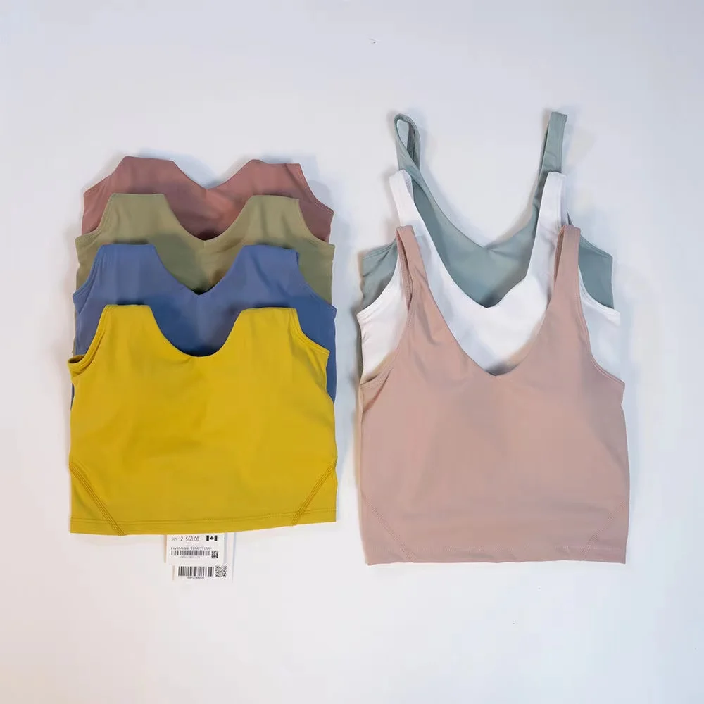 Lulu Women Summer U-shaped No Steel Ring Built-in Chest Pad Sports Bra Short Solid Color Sleeveless Gym Yoga Fashion Tank Top