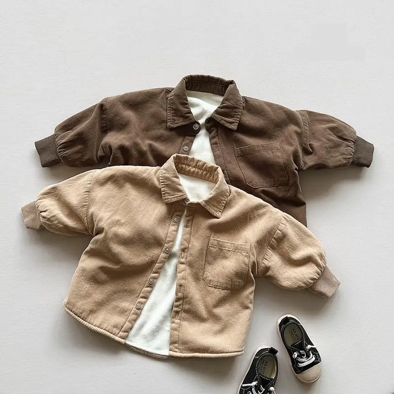 Купи Children Vintage Plus Velvet Shirts Thick Coat For Boys Baby Solid Long Sleeve Warm Jacket Fleece Kids Fleece Cardigan Tops за 1,296 рублей в магазине AliExpress