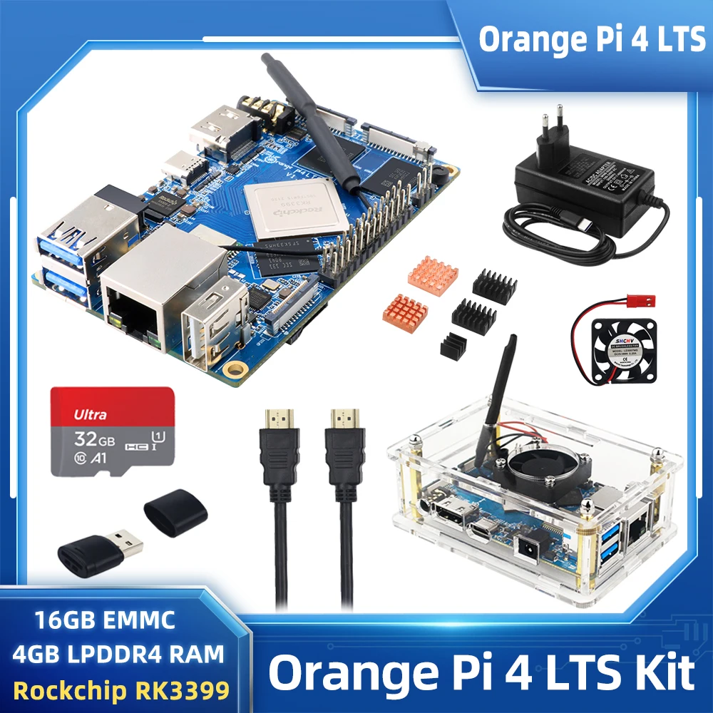Orange Pi 4 LTS Гб ОЗУ Rockchip RK3399 16 EMMC Wifi + BT5.0 опциональный акриловый чехол вентилятор