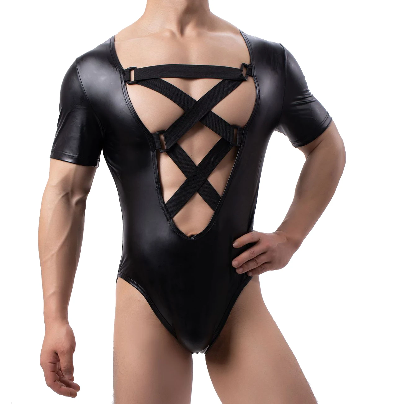 Sexy Men Faux Leather Front Cross Straps Bodysuit Underwear Nightclub Outfit Wrestling Singlet Tight Catsuit One-piece Jumpsuits