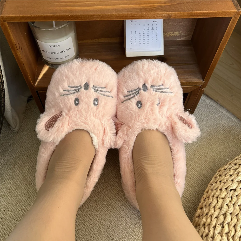 

House Slipper Home Women Winter Fur Contton Warm Plush Non Skid Grip Indoor Fluffy Lazy Mouse Ears Fuzzy Shoes Female Cute Funny