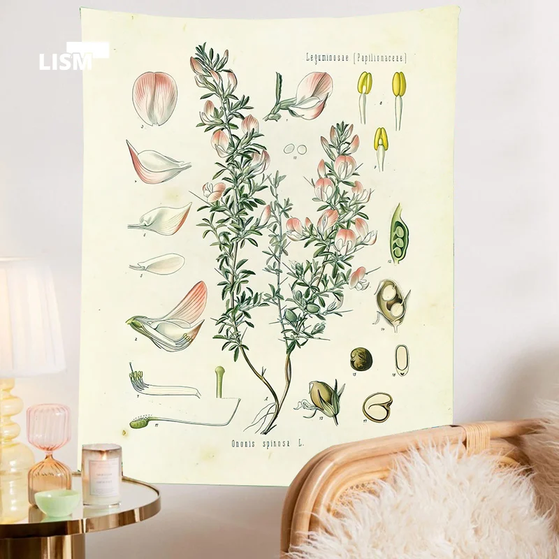 

Retro Plant Flower Study Wall Tapestry Herbal Illustration Nordic Picture Living Bedroom Cafe Wall Hanging Room Research Decor